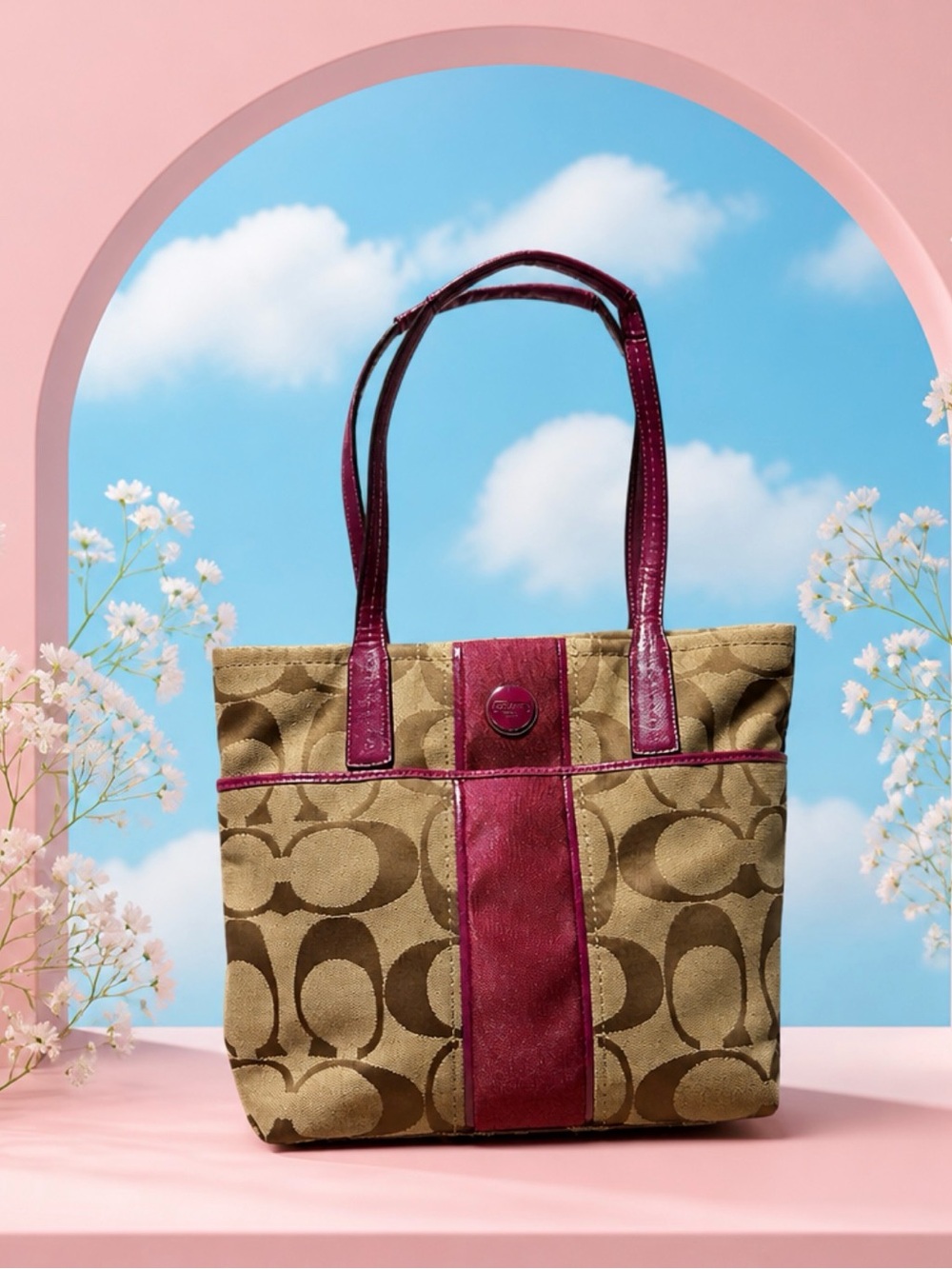 Coach Tan Signature Canvas Tote with Fuchsia Leather Accents